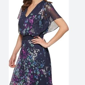 NWT DKNY Blue floral V neck flutter sleeve elastic waist A-Line dress. 12